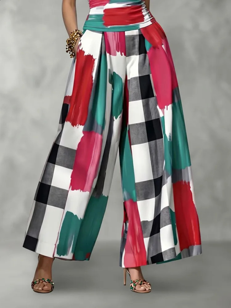 UOOZEE 2026 Fashion Contrast Color Plaid Matching Pants Women High Waisted Wide Leg Loose Casual Pleated Palazzo Trousers 260625