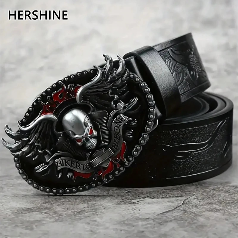 HERSHINE Men's Vintage Embossed Leather Belt 1 Piece Skull Ghost Buckle Y2K Gothic Punk Rock Hip Hop Accessoryspringsummer 260626