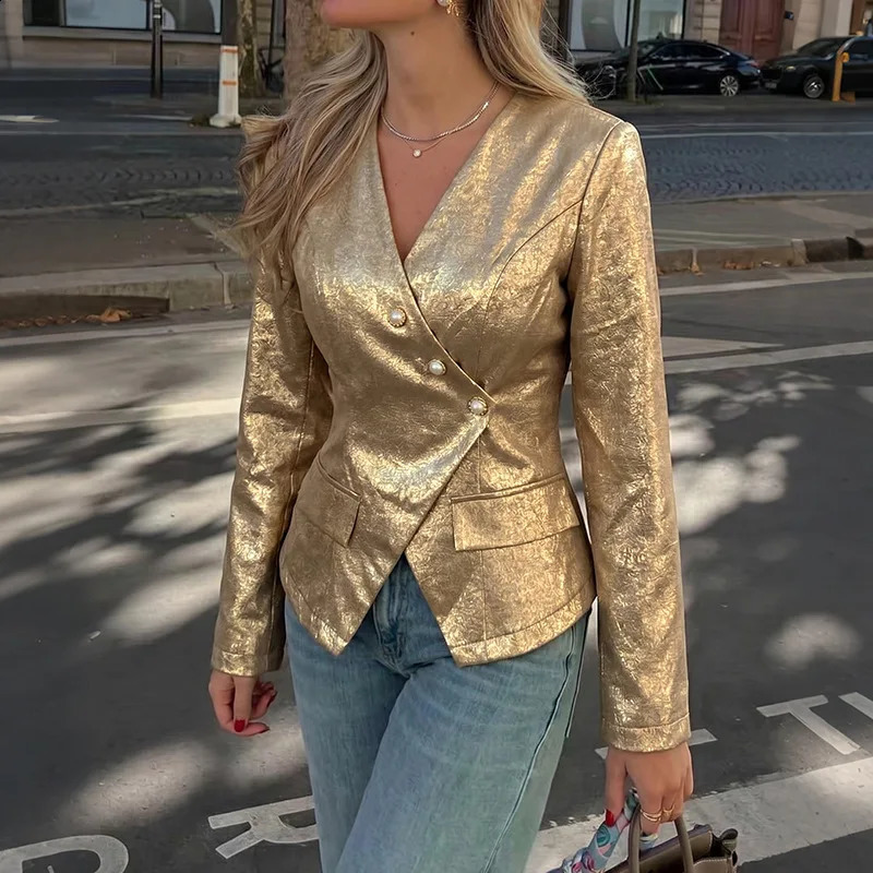 Womens Gold Wrap Blazer V Neck Pearl Button Long Sleeve Elegant Party Jacket 2026 260625 - view 3