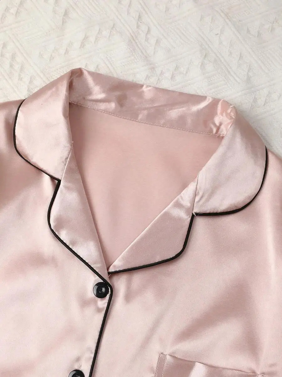 Elegant Women Champagne Solid Silk Pajama Set Short Sleeve Button Collar Top And Pants Soft Satin Sleepwear 260625 - view 4