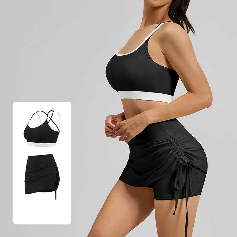 Ruched Side 2026 Drawstring Women 2 Piece Yoga Sets Color Block Sports Bra High Stretch Shockproof Running Workout Sportswear M260626 - view 3