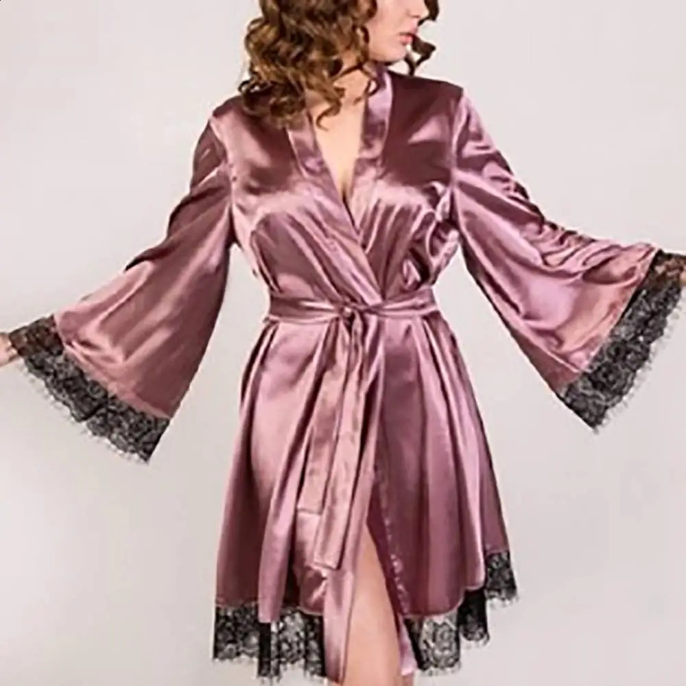 Sexy Womens Kimono Robe Lace Trimmed Satin Nightgown Bridal Wedding Sleepwear Adjustable Belt Comfortable Loungewear260622 - view 3