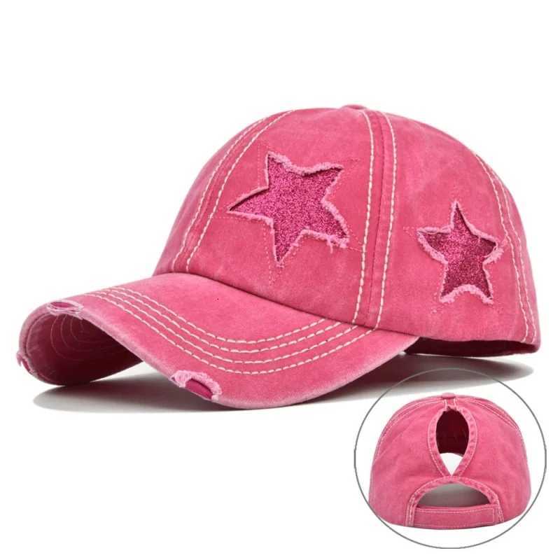 Washed Women Ponytail Baseball Cotton Sun Hat Female Pentagram Sequins Hip Hop SnapHats Adjustable Sport Hat Gorra M260626 - view 3