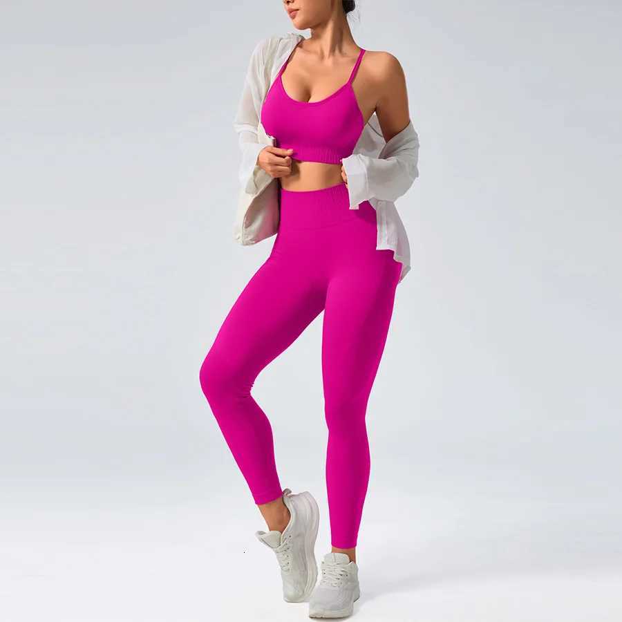 Pants 2 pcs/set Seamless Tight Set Rose Red Tank Top Outfit Womens Clothing Breathable Trousers Athleisure Fitness Pants M260626 - view 5