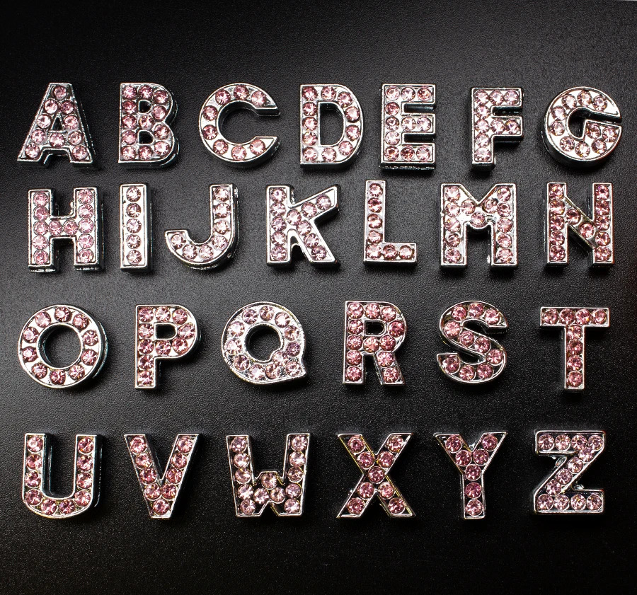Slide Letters Charms Alphabet 8mm Alloy Pink Rhinestone 93p Fit DIY Wristband Bracelet Pet Collar Jewelry Making Women Kids Gift 260623