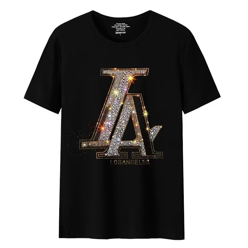 Men's Rhinestone T-Shirt, Punk Tie-Dye Letter Graphic Tee - Loose Fit, Short Sleeve, Square Neck, Black, Size Large, Casual Vacation Shirt for Autumn  - view 4