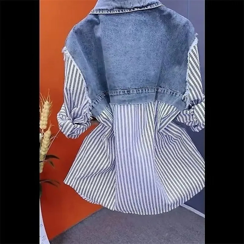 Women Denim Blouse Jacket Spring Autumn Korean Splicing Ladies Cowboy Shirt Tops Casual Stripe Female Windbreaker 260626 - view 6