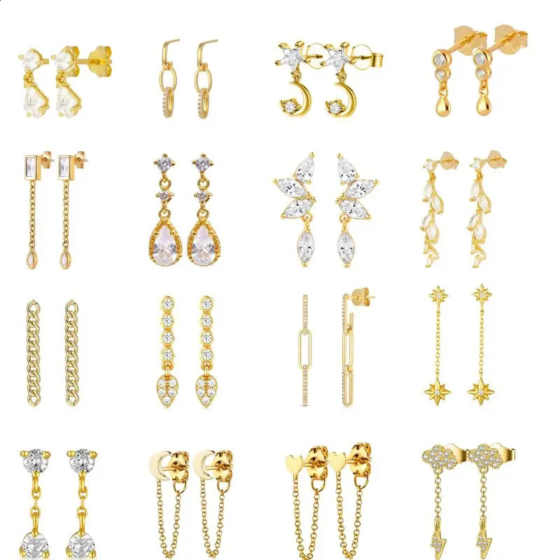 925 Sterling Silver Needle Exquisite Zircon Tassel Chain Stud Earrings for Women Gold Drop Piercing Earrings INS Female Jewelry 260625 - view 1