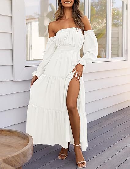 2025 Bohemian Sexy Off-Shoulder Long-Sleeve Ruched High-Waisted Side-Slit Flowing A-Line Layered Maxi Dress - view 7