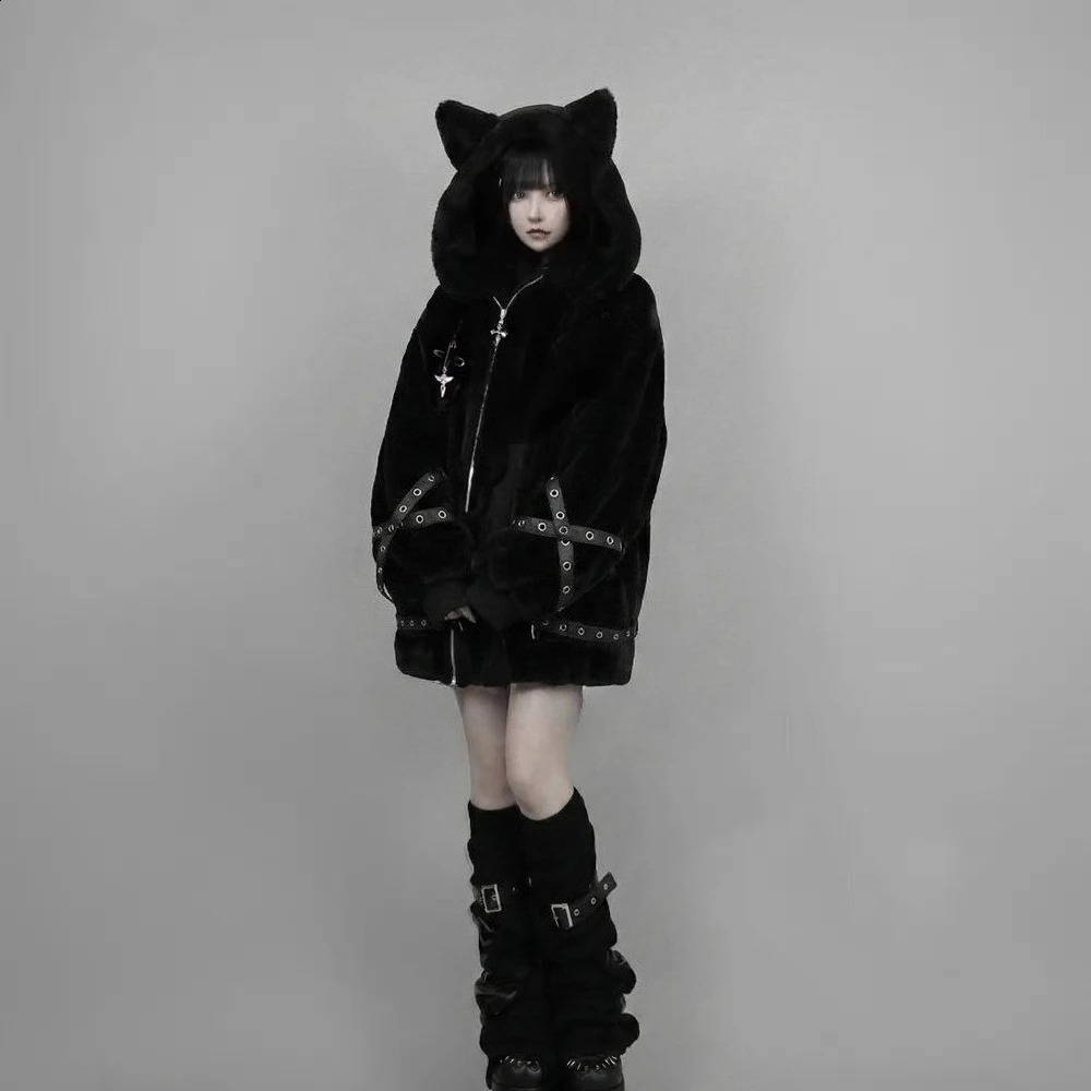 Vintage Punk Style Hoodie Long Sleeve Faux Fur Women Casual Zipper Hooded Gothic Y2K Subculture Harajuku Sweatshirts Autumn 260626 - view 4
