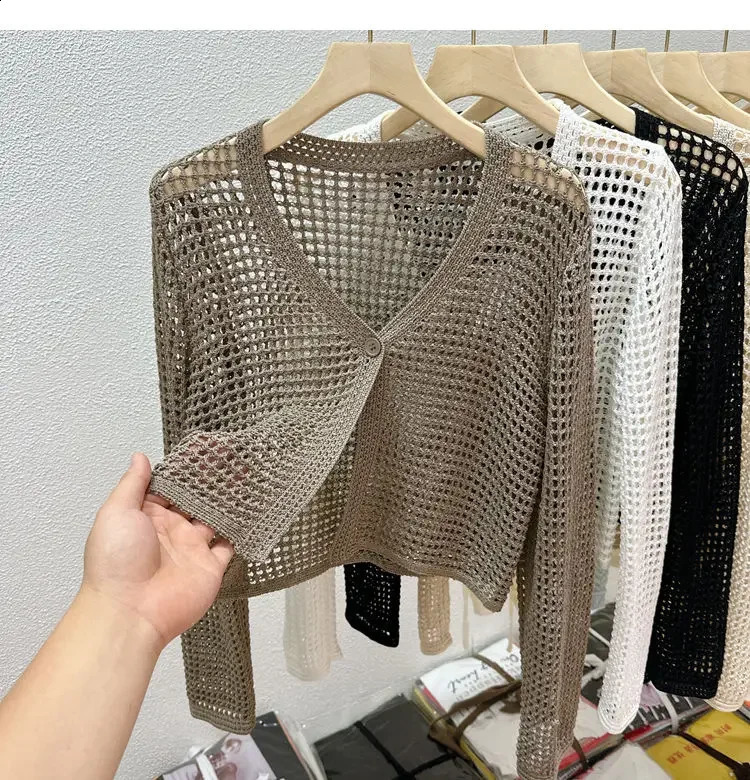 Single Button Crochet Mesh Cardigan for Women Semi Sheer Openwork Sunscreen Jacket Cover Up Summer Hollow-out Knitted Cardigan 260626 - view 4