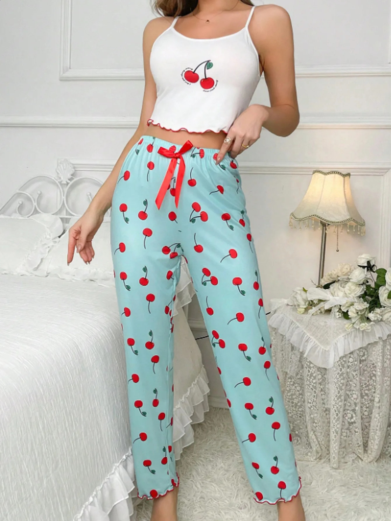 Y2K Coquette Cherry Print Pajama Set Womens Cami Crop Top Pants Two Piece Sleepwear Loungewear Summer Spring Autumn Outfits 260625 - view 6