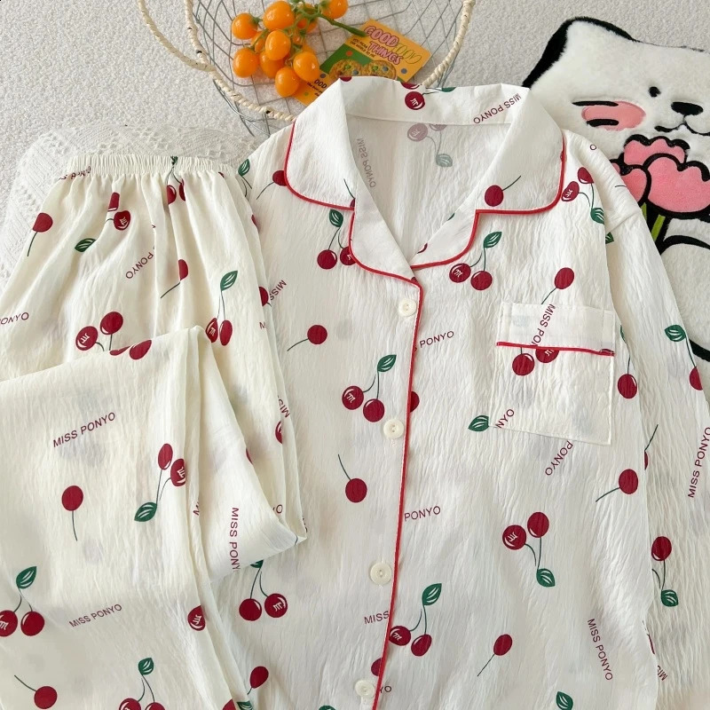 Spring and autumn pajamas for women casual cardigan with reversible collar long sleeves pants home wear twopiece set 260625 - view 3