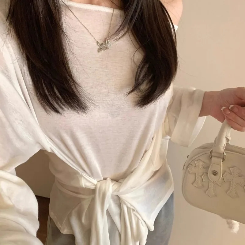 Sexy Thin See Through Long Sleeve T Shirt Women Bandage Off Shoulder Oversize Top Female Basic Long Tees Korean Chic Lady 260626 - view 3
