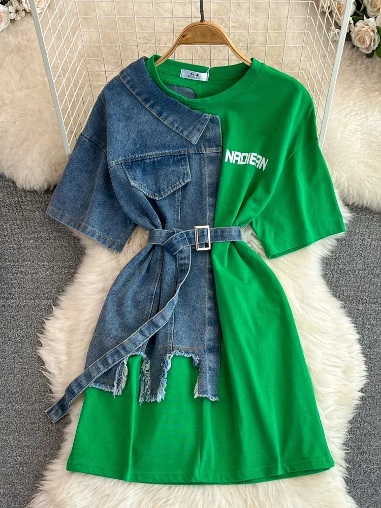 Harajuku Summer Womens Denim Patchwork Short Sleeve T-Shirts Tees O-neck Loose Contrast Color Jeans Tees Belted Jumpers Tops 260626 - view 5