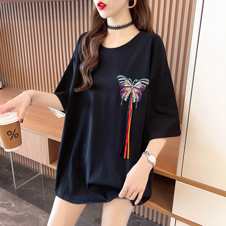 Women's Butterfly Embroidery T-Shirt, Casual Tie-Dye Cotton Blend Top with Loose Kimono Short Sleeves, Breathable Crew Neck and Button Detail for Ever - view 3
