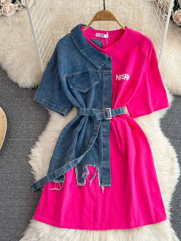 Harajuku Summer Womens Denim Patchwork Short Sleeve T-Shirts Tees O-neck Loose Contrast Color Jeans Tees Belted Jumpers Tops 260626 - view 6