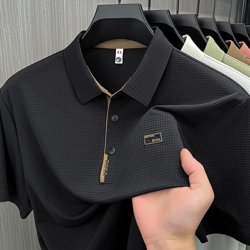 Men's Seamless Nylon-Spandex Short-Sleeve T-Shirt Summer New Design, Casual Solid Color Men's Turn-Down Collar Polo Shirt Top - view 5