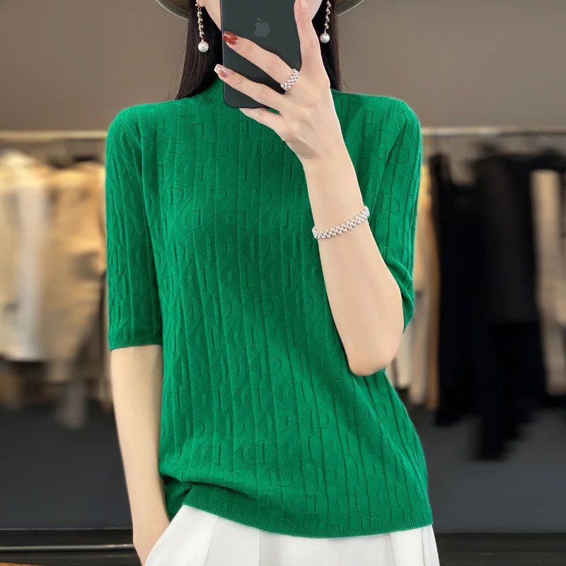 Women Soft Diamond Letter n Sweater Half-high Collar Three Quarter Sleeve Pullover Spring Summer Casual Knit Slim Top 260626 - view 7
