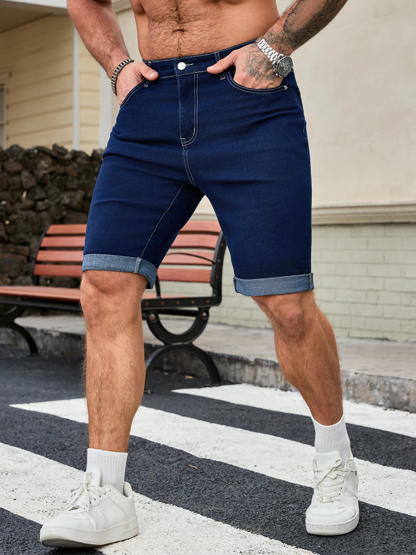 Mens Dark Blue Denim Shorts Straight Fit Rolled Hem Jean 260625 - view 4