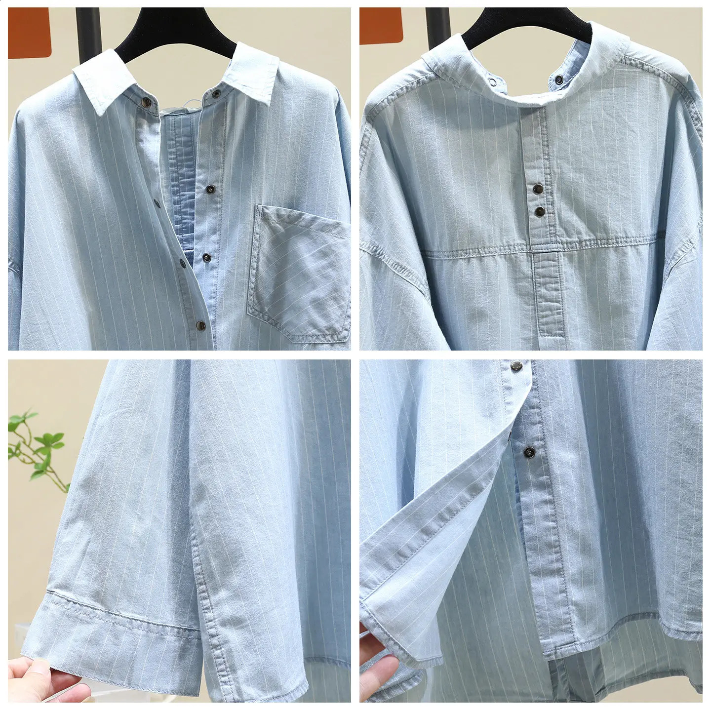 SuperAen Blue Striped Denim Loose and Casual n Shirts for Women Spring Office Lady Oversize Asymmetrical Shirts 260626 - view 5