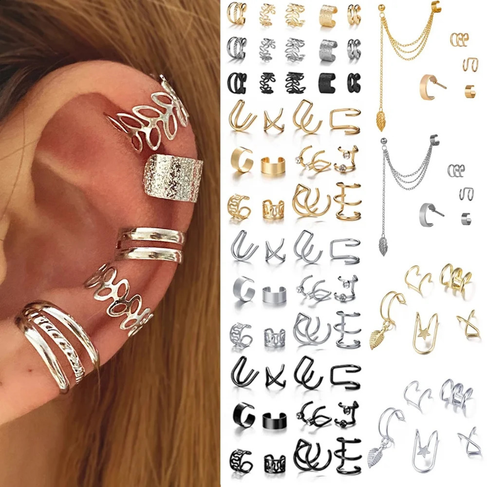 Silver Color Leaves Clip Earrings for Women Men Creative Simple C Ear Cuff NonPiercing Set Trend Jewelry Gift 260623