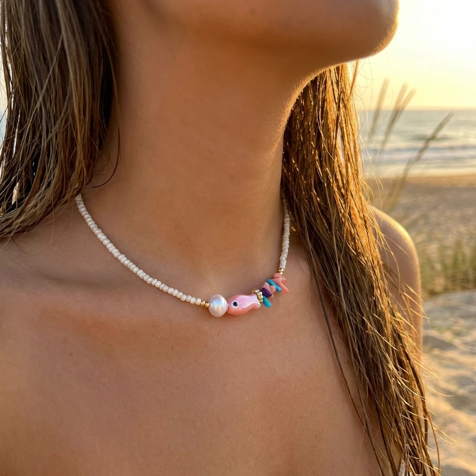 Boho White Rice Beaded Necklace for Women Cute Fish Pearl Colorful Pendant Choker Summer Beach Y2K Collar Jewelry Gift 260626 - view 5