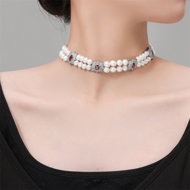 style fashionable retro necklace square flower double-layer pearl necklace bride collarbone chain 260617 - view 1