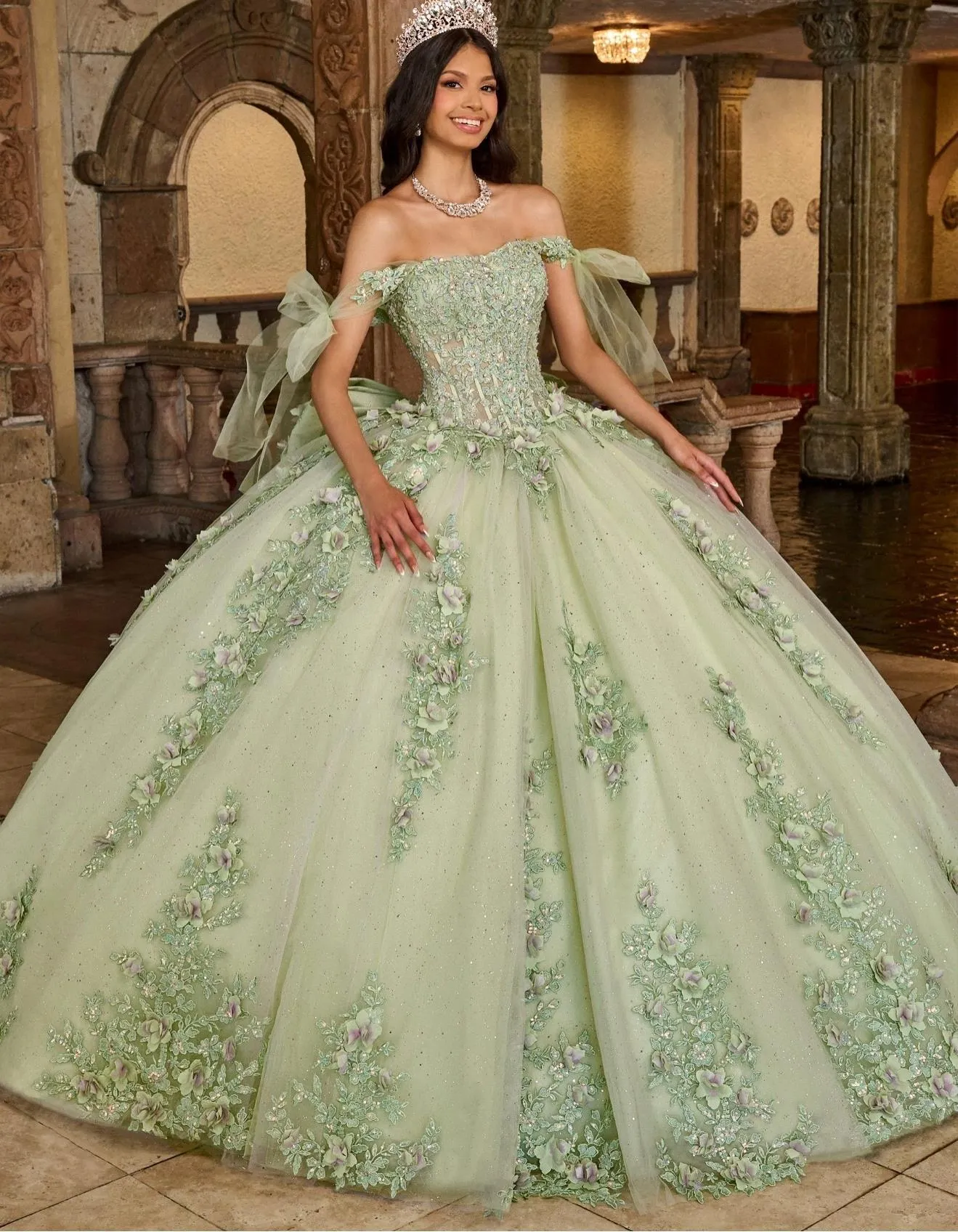 Mint green off-shoulder mesh dress with bow sleeves and beaded floral embellishments, sparkling mesh big ball gown Quinceanera forest-style dress