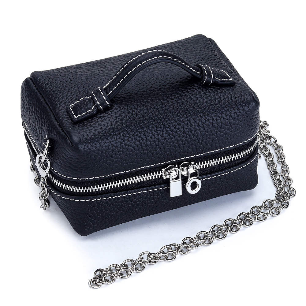 Women 10 Color Top Layer Cowhide Mini Chain Bag, Double Zipper Large Capacity Hand Pouch Multi Purpose Cosmetic Jewelry Bead Storage Crossbody Purse