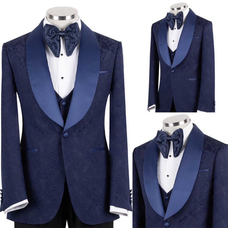 Fashion 3 Pieces Jacquard Men Suits Shawl Lapel One Button Prom Wedding Tuxedos Customized Formal Party Groom Wear
