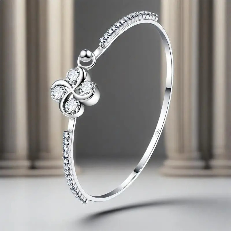 Exquisite 925 Sterling Silver Flower n Crystal Cubic Zircon Bangle Bracelets For Women Wedding Party Fashion Jewelry Gifts 260626 - view 3