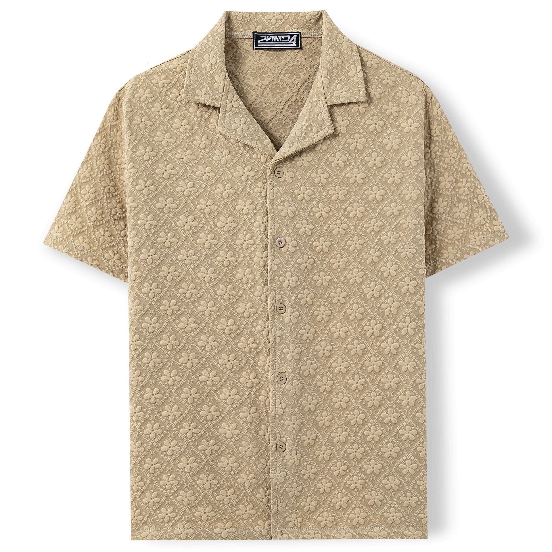 Cross-Border Men's Clothing, American Retro Khaki Jacquard Short-Sleeve Cuban Collar Casual Floral Shirt, In Stock - view 3