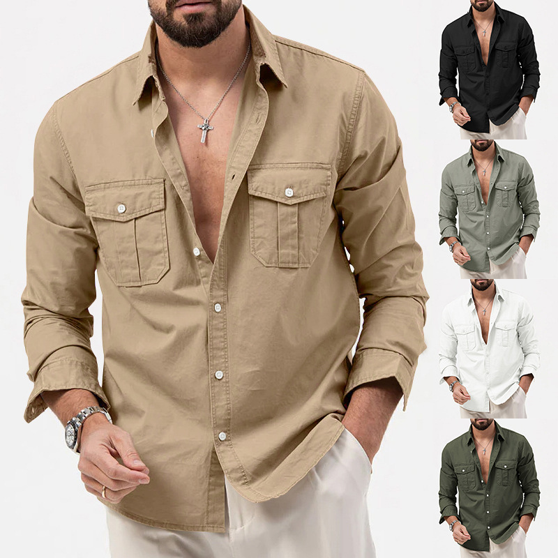 New mens shirt with multiple pockets casual long-sleeve top for men