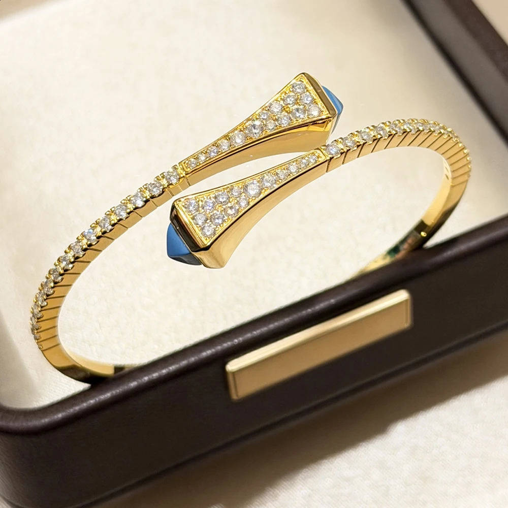 y ner 100 925 Sterling Silver Open Bangle Rivets Pyramid Cuff Bracelet Blue Turquoise Cubic Zircon Women Party Jewelr 260626 - view 5