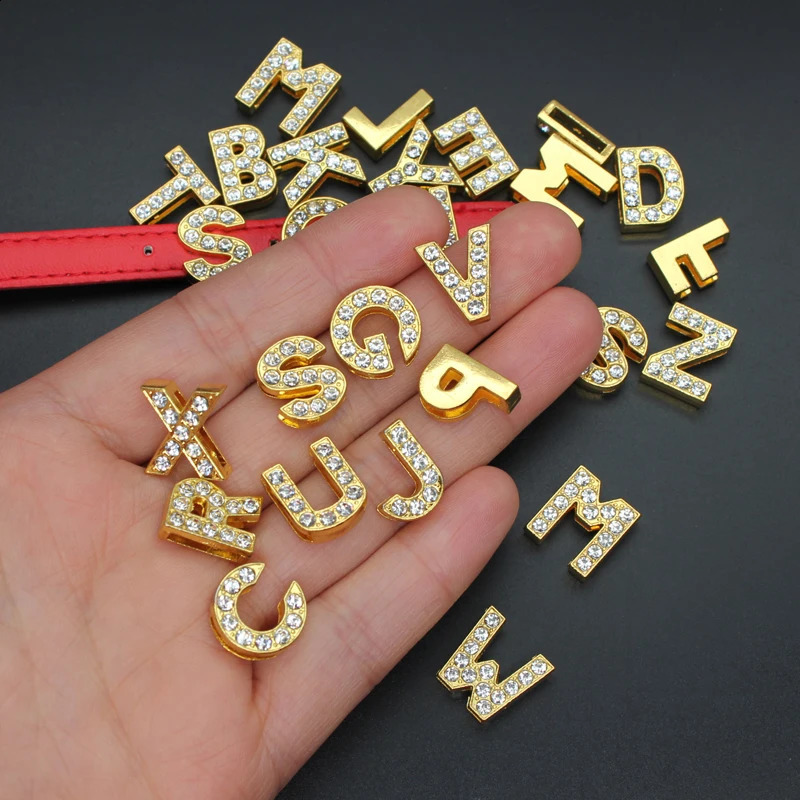 50PC/lot Hole 8mm 10mm Rhinestones Slide Letter Golden English Alphabet slide Charm Fit For DIY Wristband Keychains 260623 - view 6