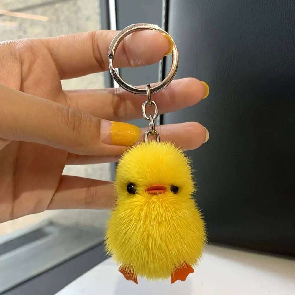 New Women Keychain Creative Unique Mini Yellow Duck Car Key Ring Mink Fur Funny School Bag Pendant 26Y0626 - view 6