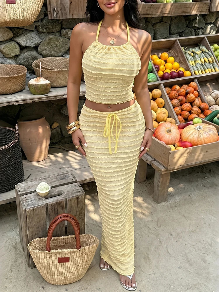 Weird Puss Ruffles Edge n 2 Piece Set Woman Summer Trend Halter Backless Crop TopsDrawstring Long Skirts Elegant Outfits 260626 - view 5