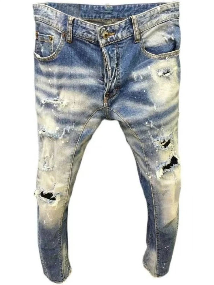 Mens Ripped Jeans Distressed Elastic Slim Pencil Fit Denim Pants Paint Splatter Streetwear Y2K High Street Biker Trousers 260625 - view 5