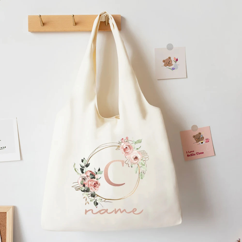 Custom Name Floral Alphabet Print Tote Bag Personalize Canvas Portable Large Capacity Handbags The Christmas Birthday Gifts 260625 - view 5