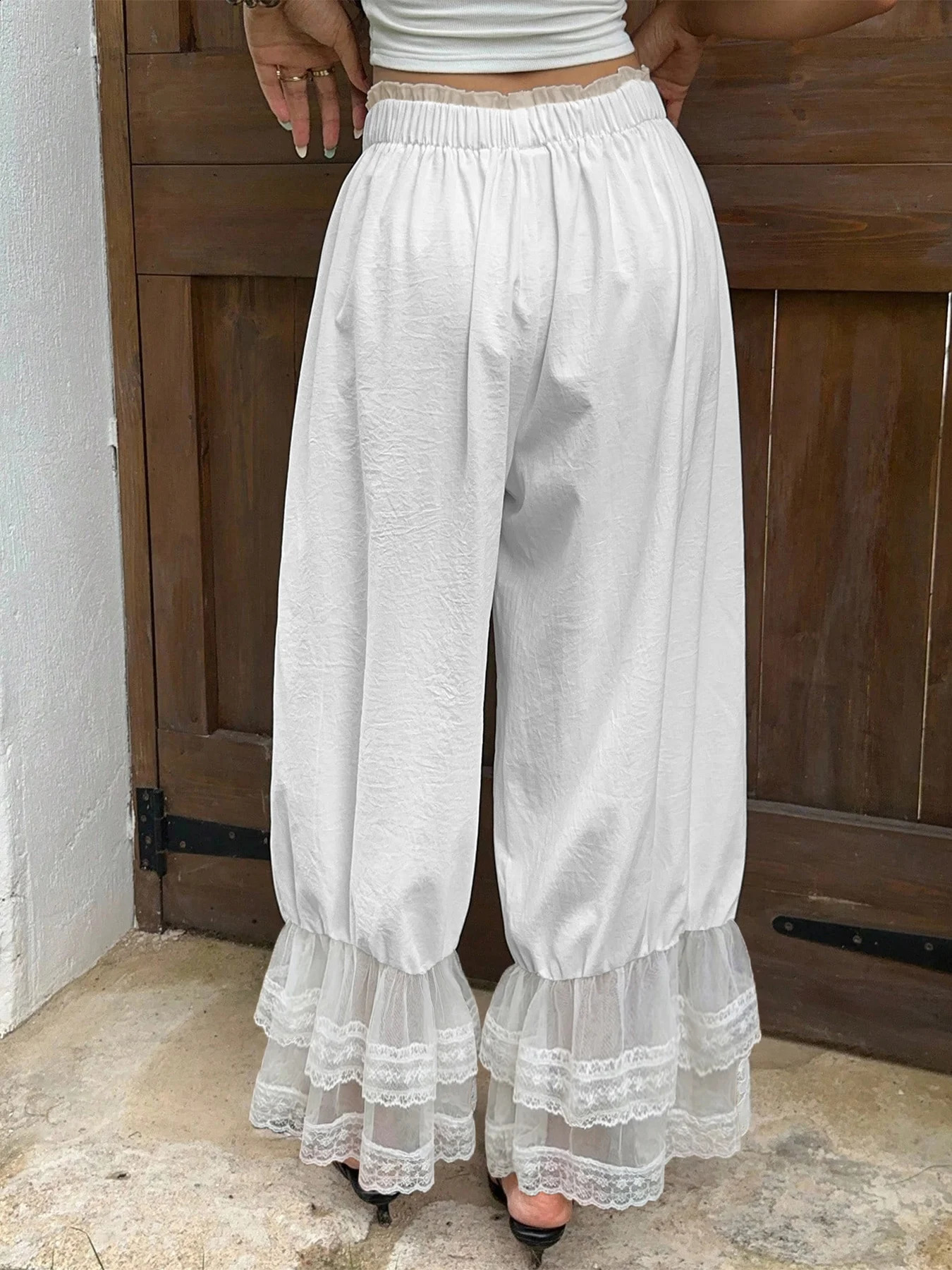 Womens White Lantern Pants Lace Ruffle Hem Drawstring Waist Loose Wide Leg Casual Vacation Beach Spring Summer Trousers 260625 - view 3