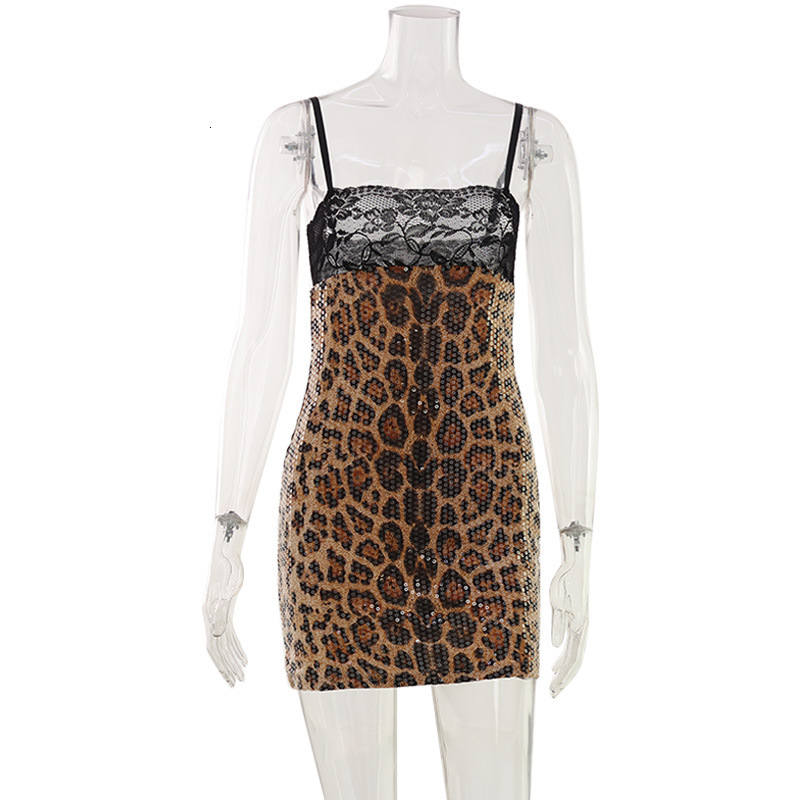 Womens Sexy Mini Dress Womens Leopard Sequin Lace Splicing Thin Strap Slim Fit Summer Party Gown For Women Daily Nightclub Trend Vacation Outfits - view 6
