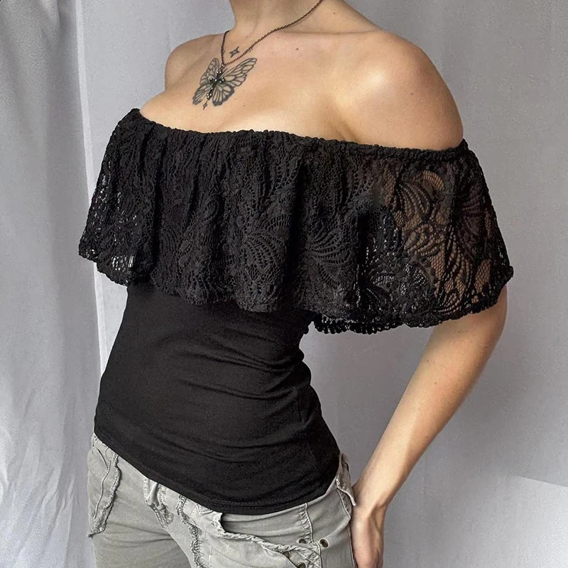 RUOKE Sexy Off Shoulder Lace Crop Top Women Ruffle Blouse Summer Slash Neck Tshirt Slim Fit Tube Going Out Party Date Y2K 260616 - view 4