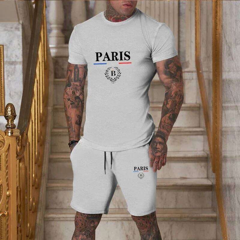 2024 New Summer Short sleeved T-shirt+Split Shorts 2-piece of Sportswear Fashion Jogging Casual Men's Set 26Y0626 - view 3