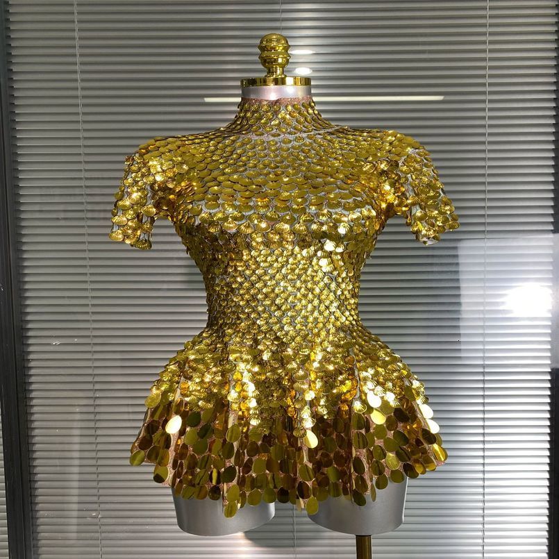 Women Sexy Short Sleeve Stretched Gold Silver Mini Dress Sparkly Sequins Performance Costume Stage Dancer Night Club Party 260625