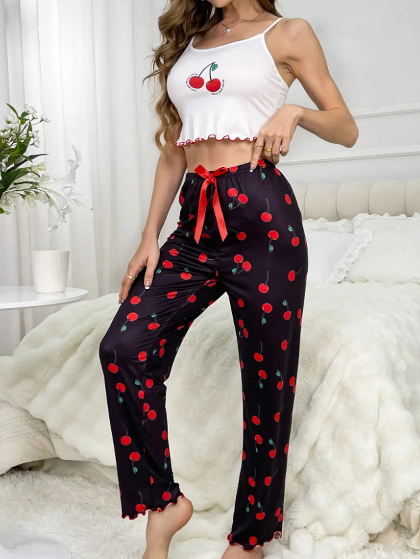 Y2K Coquette Cherry Print Pajama Set Womens Cami Crop Top Pants Two Piece Sleepwear Loungewear Summer Spring Autumn Outfits 260625 - view 7