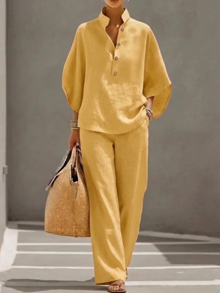 2026 Summer Fashion Womens Cotton and Hemp Two Piece Set Single Breasted Half Open Sleeved Top Pants Commuter 260626 - view 3
