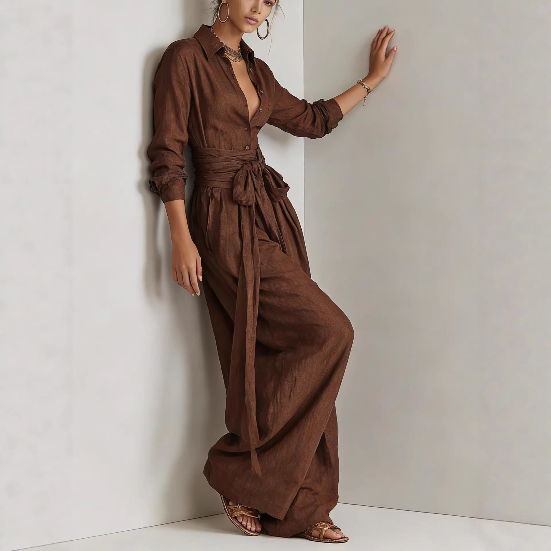 Cross-border independent station Amazon 2026 Spring Solid Color Lapel Top Fashion Casual High-Waisted Long Pants Two-Piece Set WONST - view 4