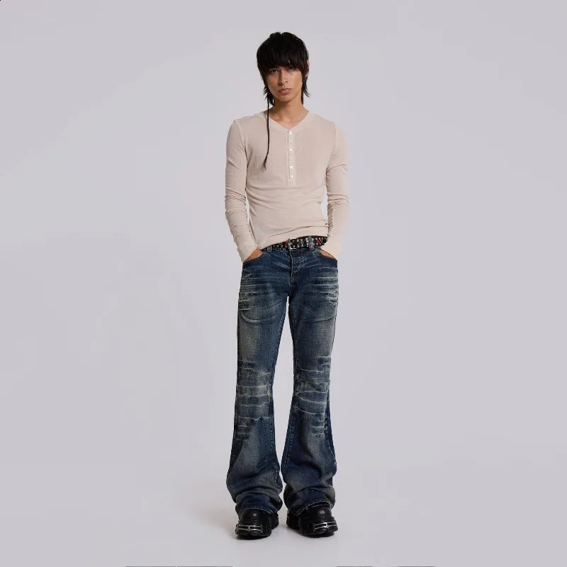 Y2K Vintage Flared Jeans Mid Blue Washed Men Women Bootcut American Hip Hop Distressed Streetwear Unisex Wide Leg Pants 260625 - view 4