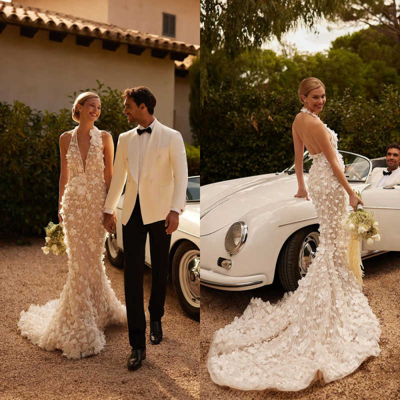 Deep V Neck Mermaid Wedding Dress Elegant Hand Made Flowers Appliques Bridal Gown Sweep Train Bride Dresses Customized